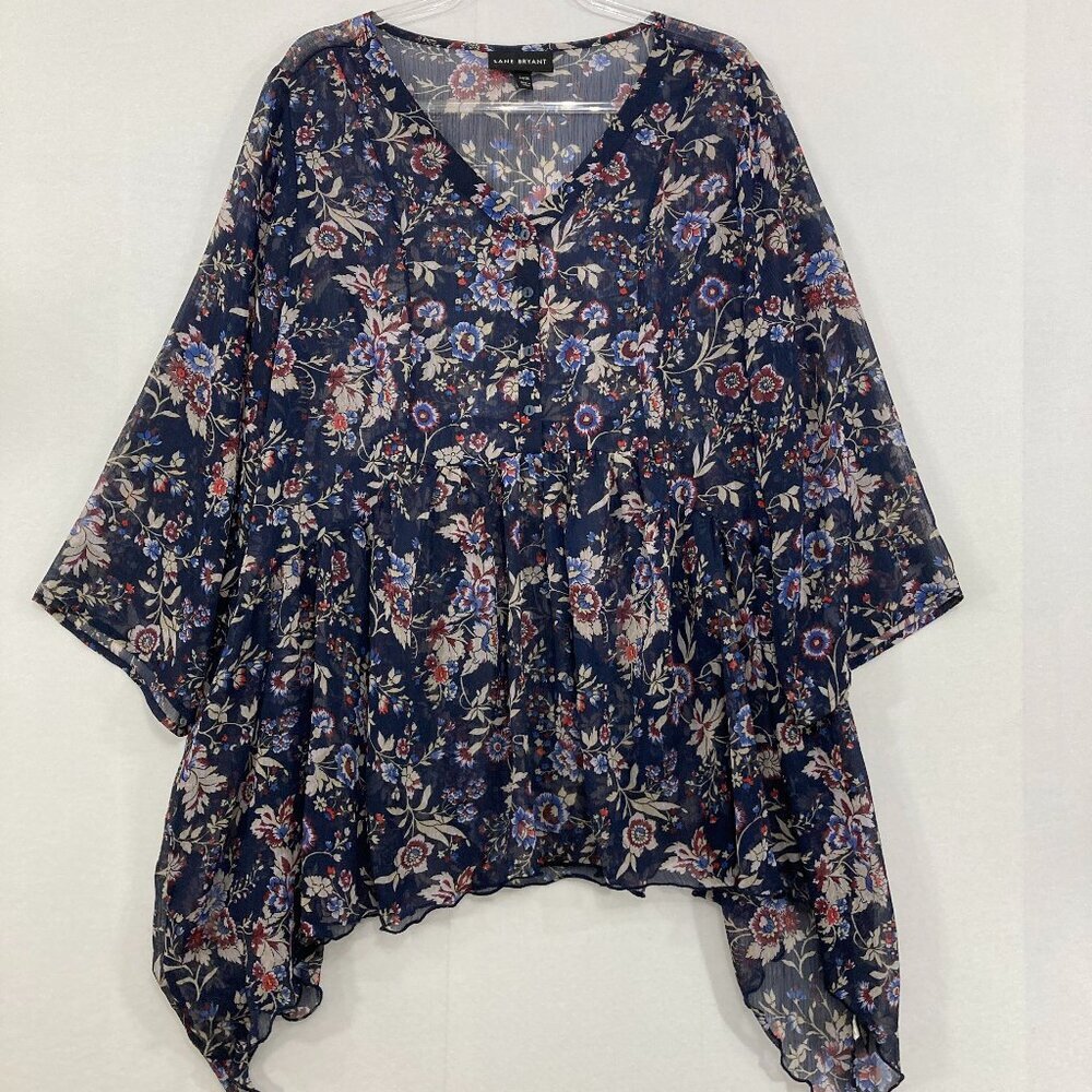 Lane Bryant size 14/16 Navy Multi Floral V Neck Soft Flowy Chiffon Sheer Blouse
